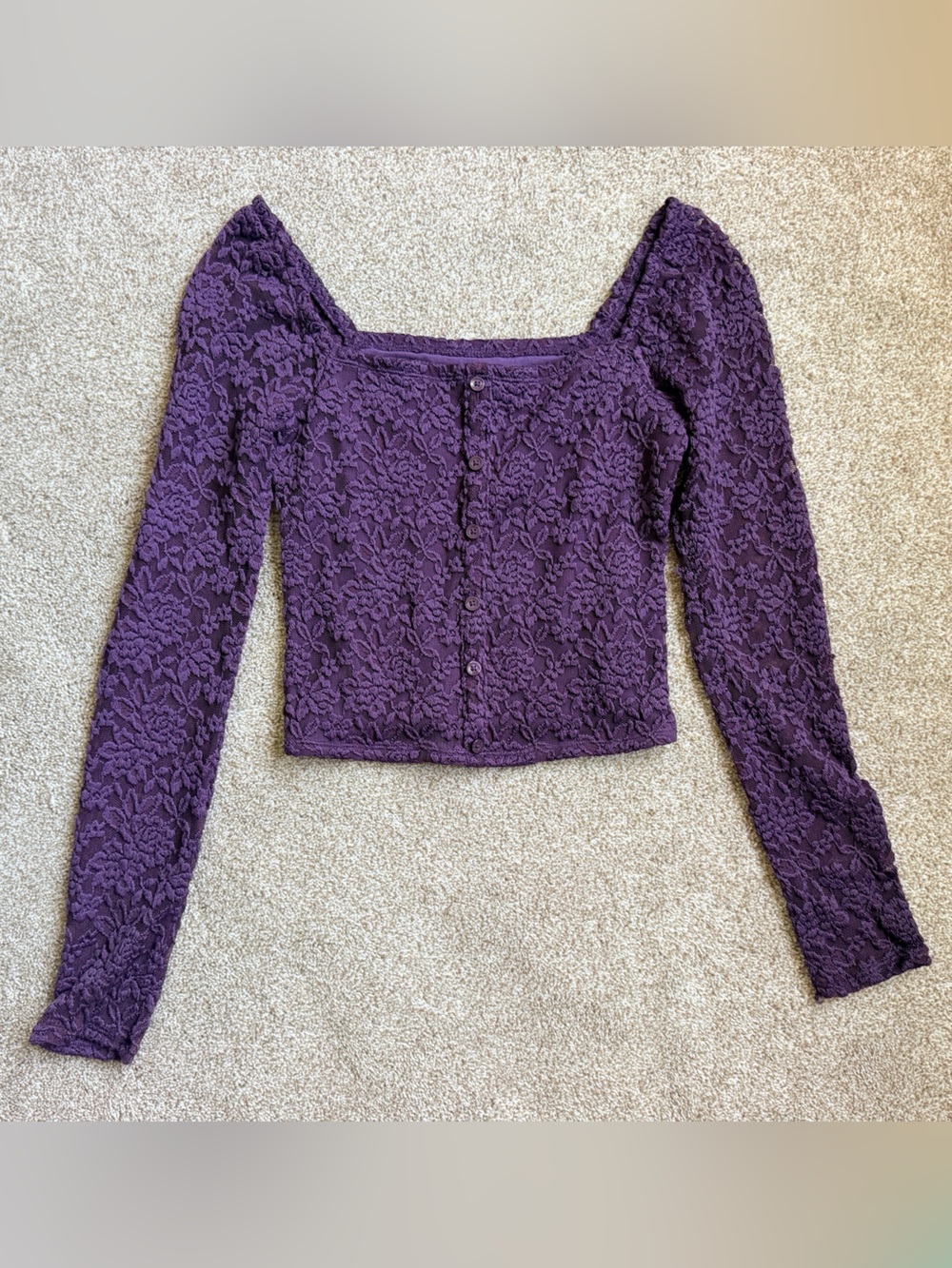 Abercrombie & Fitch Purple Lace Long-Sleeve Square-Neck Top